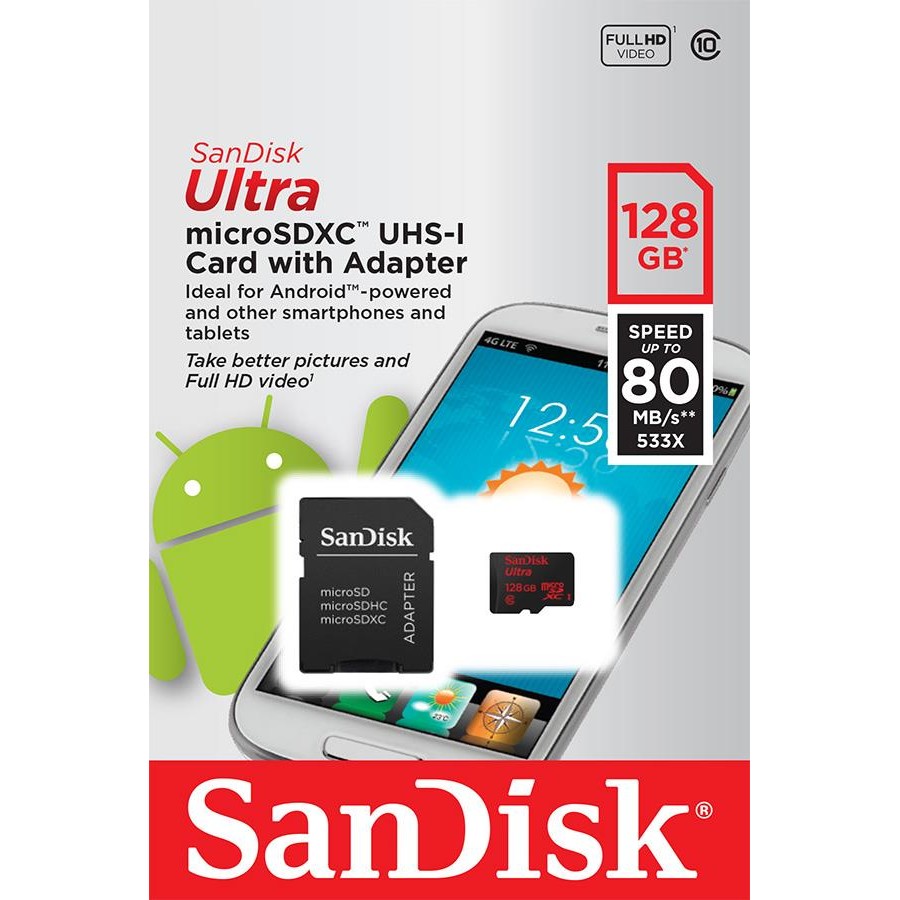 Card memorie microSDXC SDSQUNC-128G-GN6MA, SanDisk ULTRA, 128GB, UHS-I, 80MB/s, Android, + adapter SD