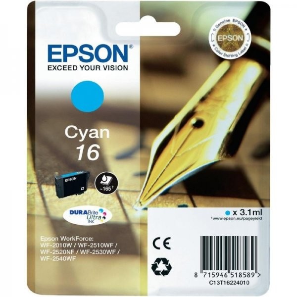 Cartus Cerneala Epson Nr. 16 cyan 165 Pagini pentru Epson WorkForce WF-2010W, WorkForce WF-2510WF, WorkForce WF-2520NF, WorkForce WF-2530WF, WorkForce WF-2540WF