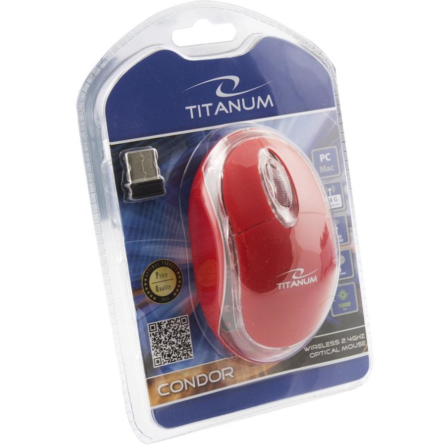 Mouse Titanum Condor USB, Wireless, 1000 DPI, 3 butoane, Rosu