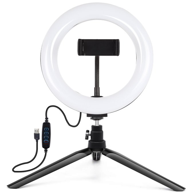 Accesoriu Camera Video Actiune cu trepied si suport pentru telefon, 24-26 Lumeni, 96 Leduri, Reglare lumina, 20 cm, Negru
