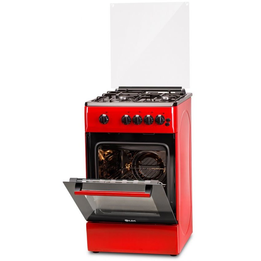 Aragaz 4 Arzatoare Siguranta Grill Rotisor Aprindere Iluminare Capac Sticla Rosu