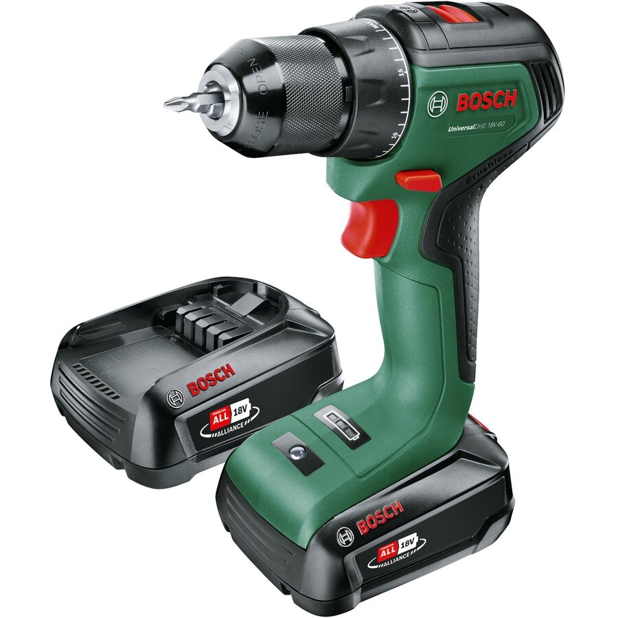 Bosch cordless drill/driver UniversalDrill 18V-60 (green/black, 2x Li-ion batteries 2.0Ah, case, POWER FOR ALL ALLIANCE)