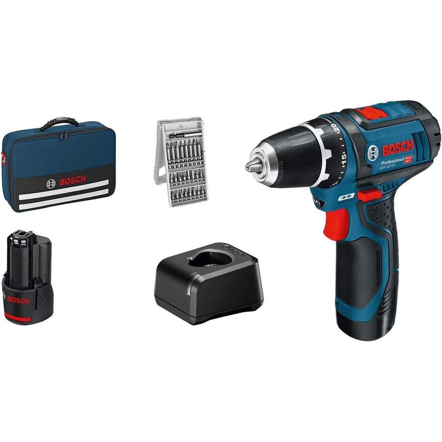 Bosch cordless screwdriver GSR 12V-15 Professional Set, drill (blue/black, 2x Li-ion battery 2.0Ah, 25 bits)