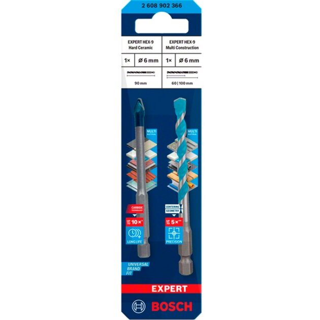 Bosch Expert HEX-9 HardCeramic + HEX-9 MultiConstruction drill bit set, ? 6mm (2-piece)