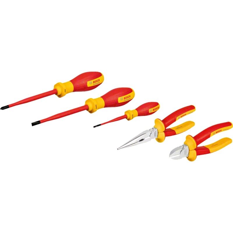 Bosch VDE tool set mixed, 5 pieces (red/yellow, side cutters, needle-nose pliers, 3 screwdrivers)