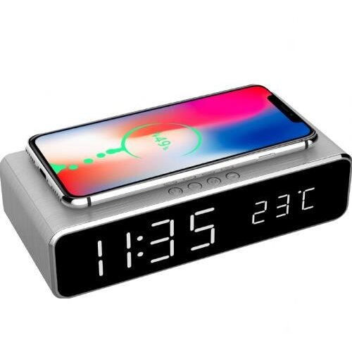 Ceas cu Alarma Digital cu Functie de Incarcare Wireless Display LCD Ora/Data/Alarma/Temperatura Argintiu