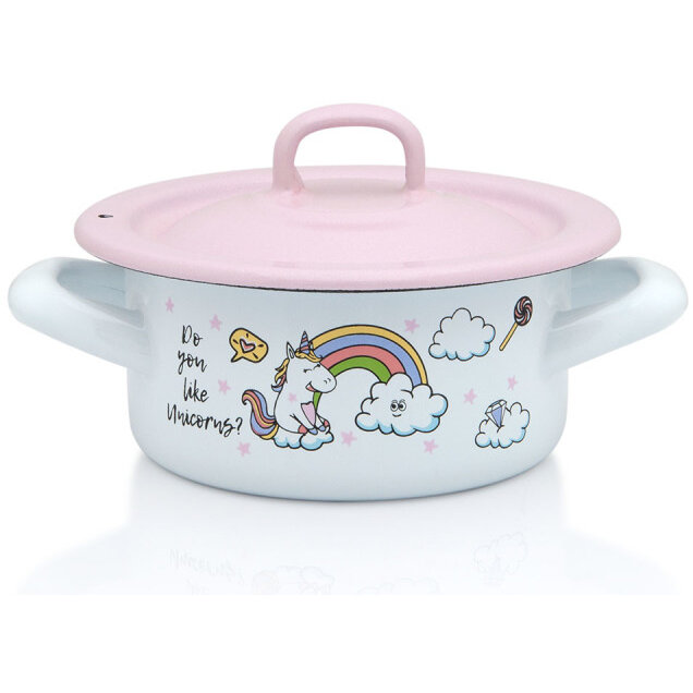 Cratita Cu Capac Unicorn Capacitate 0.75L Diametru 12CM Alb/Roz