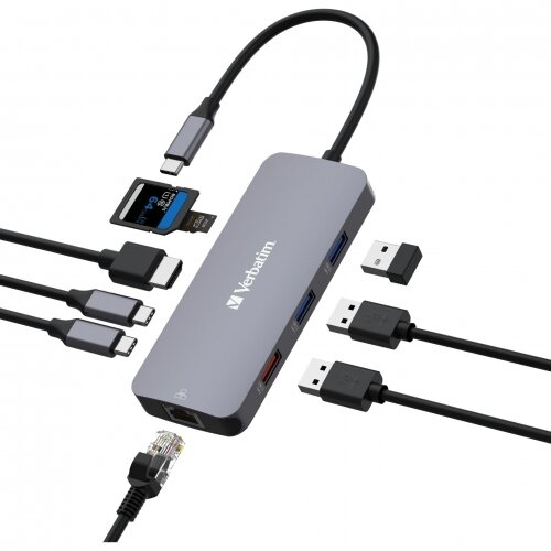 Hub Multiport USB-C 9 Porturi HDMI RJ45 2xUSB-C 3xUSB-A 3.2 Gen1&2 SD microSD Gri