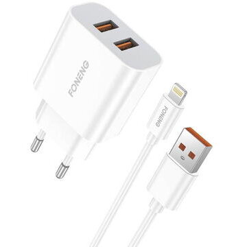 Incarcator Retea EU45 Fast Charger  2x USB + Cablu USB Lightning Alb