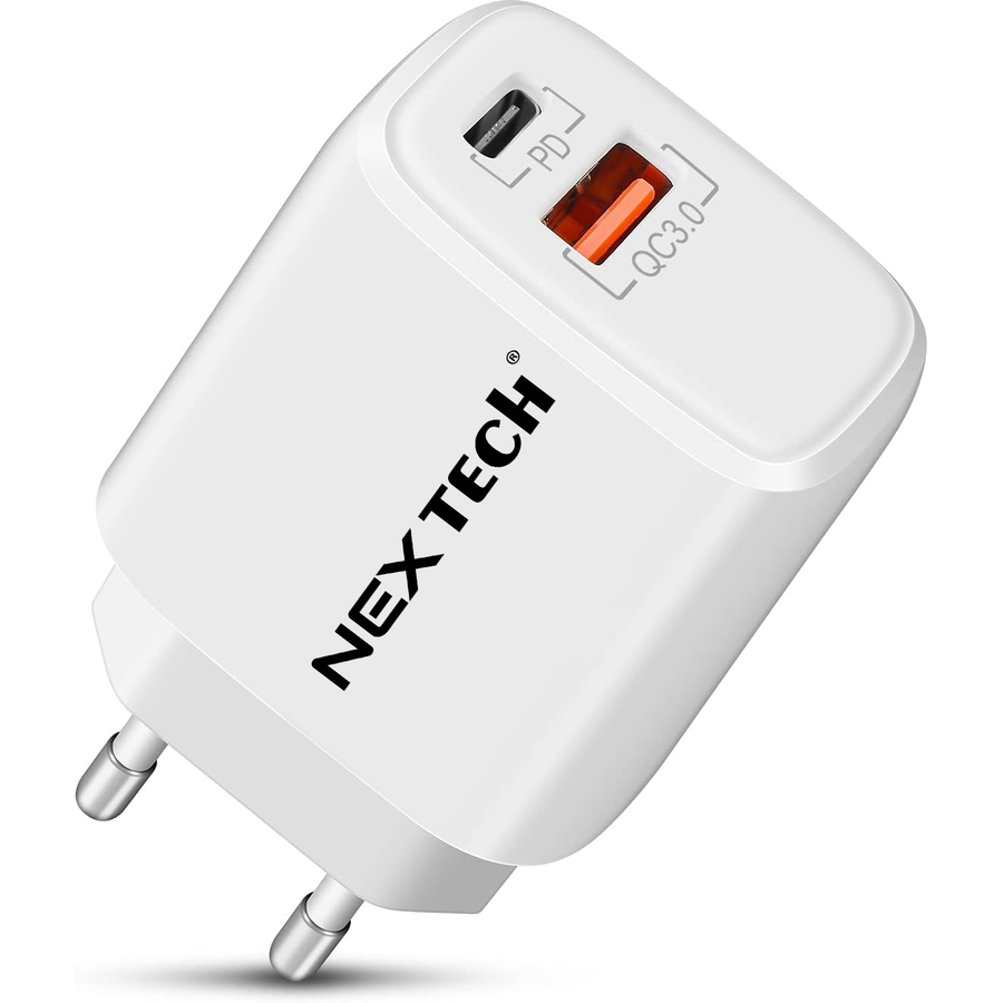 Incarcator retea NEX TECH® Quick Charge 20W Incarcator 2 porturi, Super Fast Charge, Compatibil cu toate telefoanele, Cip inteligent, Alb