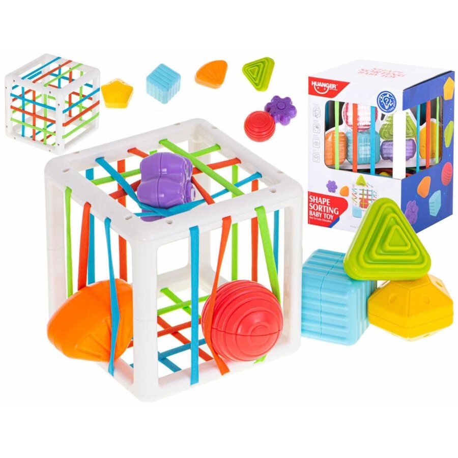 Jucarie Cub Senzorial Montessori cu Forme si Benzi Elastice Puzzle Educativ 7 Piese 12 Luni+