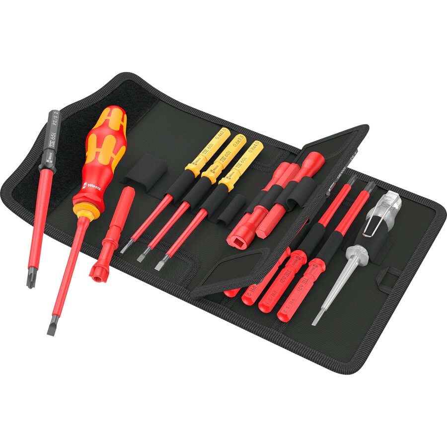 Kraftform Kompakt VDE 18 Universal 1 Tool Finder, 18-piece, screwdriver red/yellow, including plug-in handle, phase tester, VDE interchangeable blades