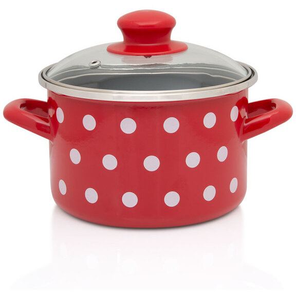 Oala Mica cu Capac Sticla Tufne Capacitate 1.5L Diametru 14CM Rosu/Alb