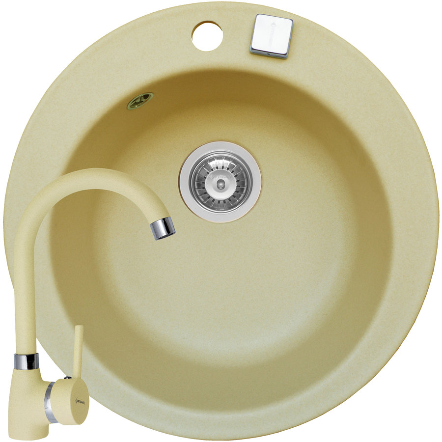 Pachet chiuveta granit ROUND 1B Ø49 + Baterie BELLO Crem