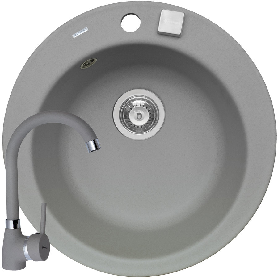 Pachet chiuveta granit ROUND 1B Ø49 + Baterie BELLO Gri