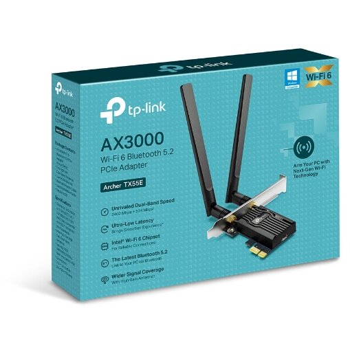 Placa de Retea Wireless Archer TX55E AX3000 Dual Band 2.4GHz / 5GHz 3000Mbps Bluetooth 5.2 2 Antene Externe Negru