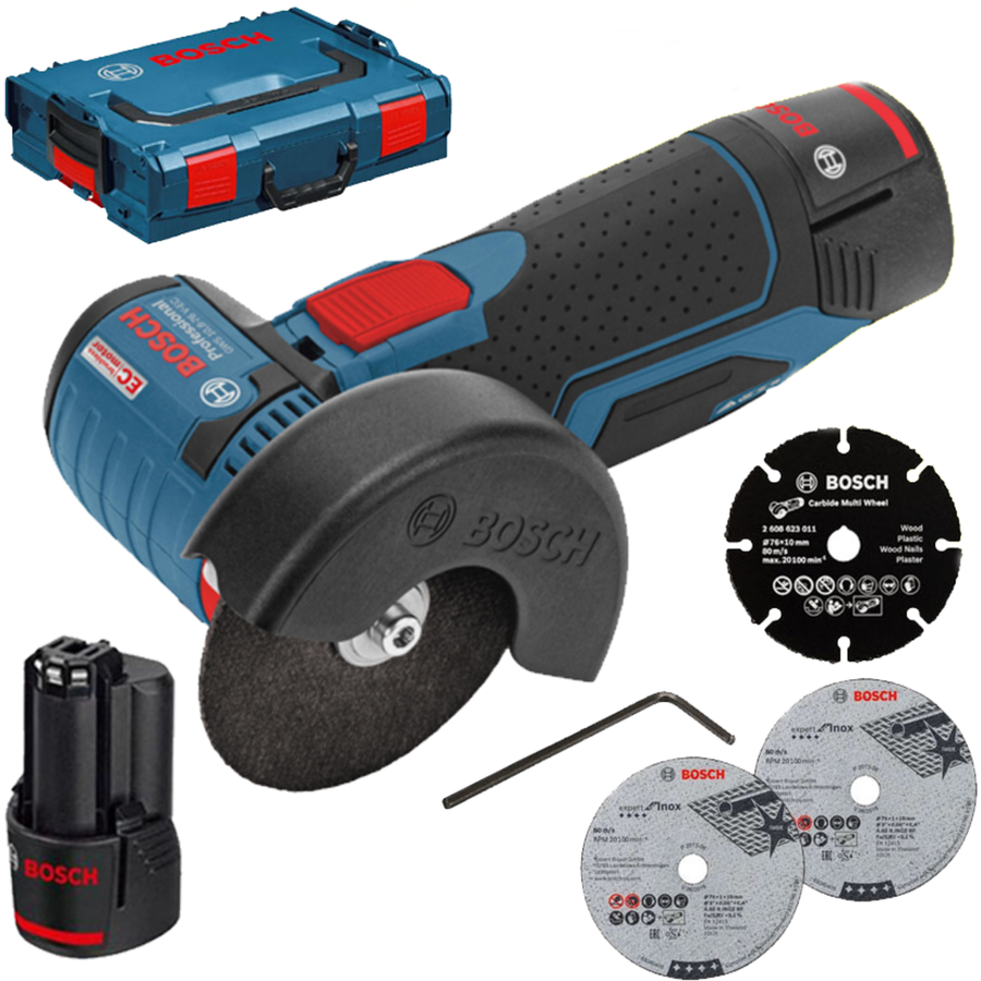 Polizor Unghiular Brushless + 2x Acumulatori GBA Li-Ion 3Ah + Incarcator GAL 12V-40 + L-Boxx + 3 x GWS 12V-76  Albastru