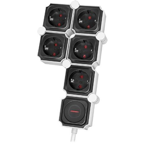 Prelungitor Flexibil 180Grade 5x Schuko 230V/16A 50Hz Maxim 3600W Buton Intrerupator Iluminat IP20 Cablu 1.5M Alb/Negru