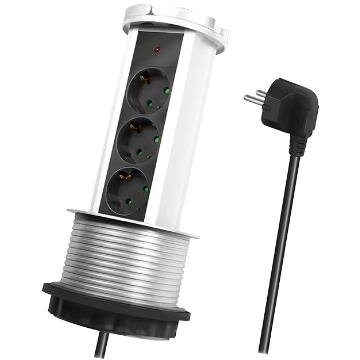 Prelungitor Incastrat LPS235A Mecanism Ridicare/Coborare Indicator LED 3x Schuko 230 V/16 A 3500W Max Cablu 3G 1.5mm2 1.8M Negru/Argintiu/Alb