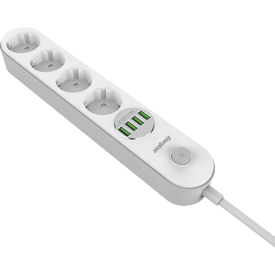 Prelungitor Max 4 x AC Schuko + 4 x USB-A 2500W 10A 2m Alb