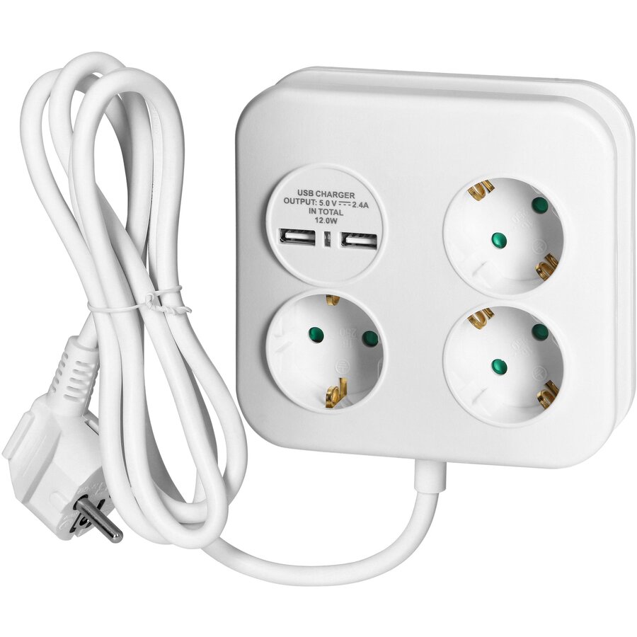 Prelungitor Patrat PS-4(GS)/W cu 3 Prize Schuko si 2 Porturi USB-A Cablu 3x1.5mm2 1.4M Alb