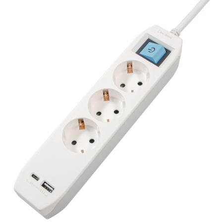 Prelungitor Schuko x 3 Conectare prin Schuko (T) 1xType-C 1xUSB 3.1A Cablu 4.5M 16A Max. 3500W Protectie Copii Intrerupator Alb-Gri