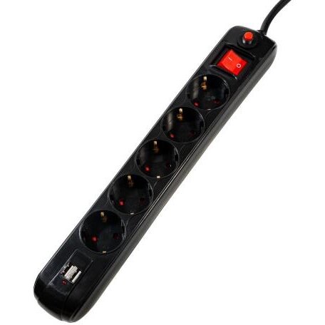 Prelungitor Schuko x 5 Conectare prin Schuko (T) 2xUSB Cablu 1.8M 16A Max. 3500W Protectie Supratensiune Negru