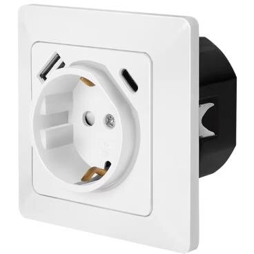Priza pentru Perete 1x Schuko 1x USB 5V/2.1A (10.5 W) 1x USB-C Fast Charge 5V/3A (15 W) 9V/2A (18 W) 12V/1.5A (18 W) 230V AC 50Hz Alb