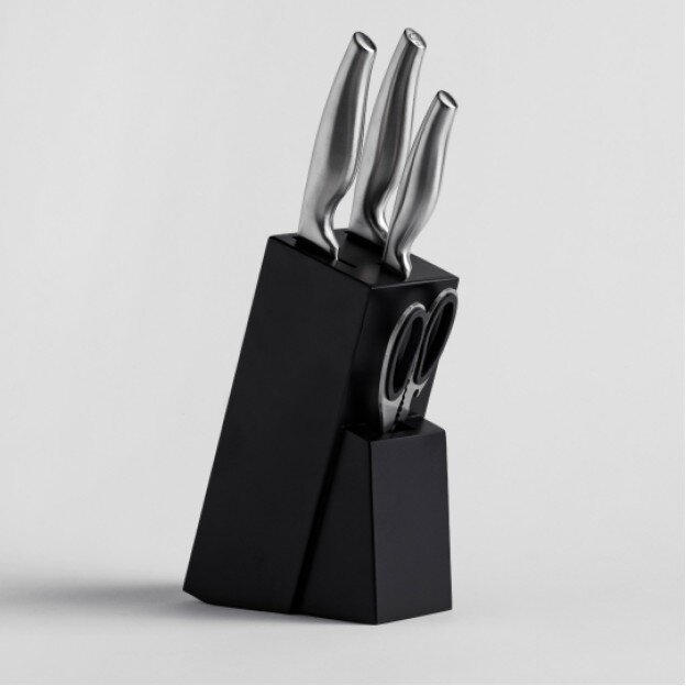 Set 3 Cutite COMPACTA + Foarfeca de Bucatarie in Suport Argintiu/Negru