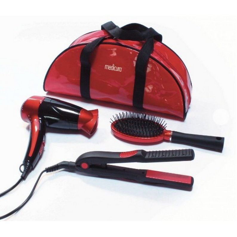 Set de Voiaj ARM350 Uscator de par + Placa de indreptat parul + Perie + Borseta Rosu/Negru