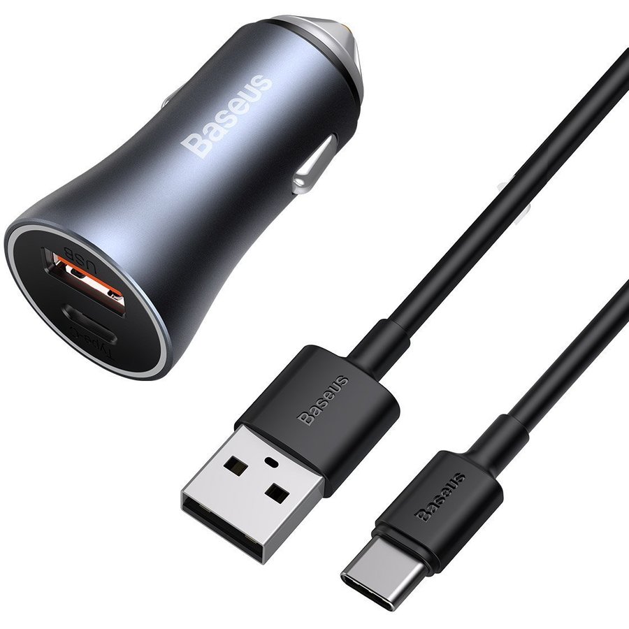 Set Incarcator Auto Golden USB/USB-C Quick Charge 3.0 Power Delivery 40W Cablu USB-C Inclus Dark Gray