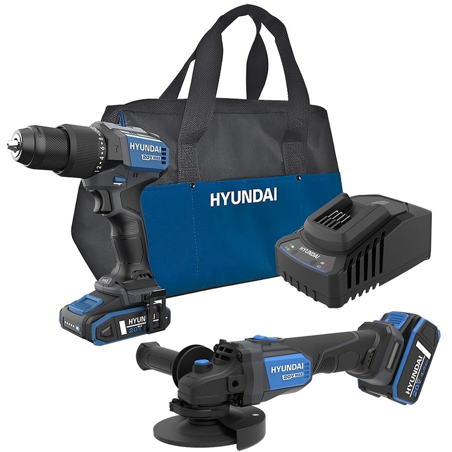 Set Scule Electrice S02-FTB Masina de Gaurit si Insurubat Brushless cu Percutie HD20X-60 + Polizor Unghiular Brushless AG20X-115 + Acumulatori + Incarcator + Geanta Transport Negru/Albastru