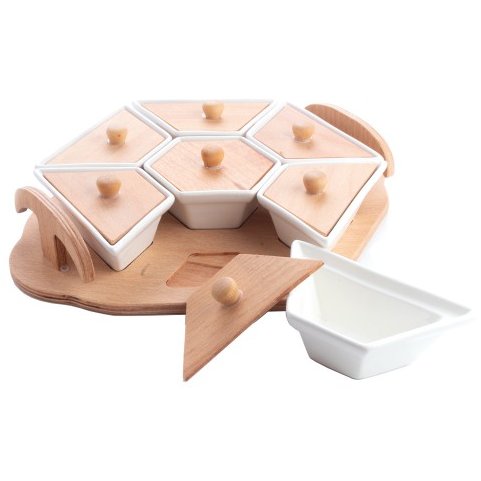 Set Servire Mic Dejun 7 Vase pe Suport de Lemn Ceramica Alb