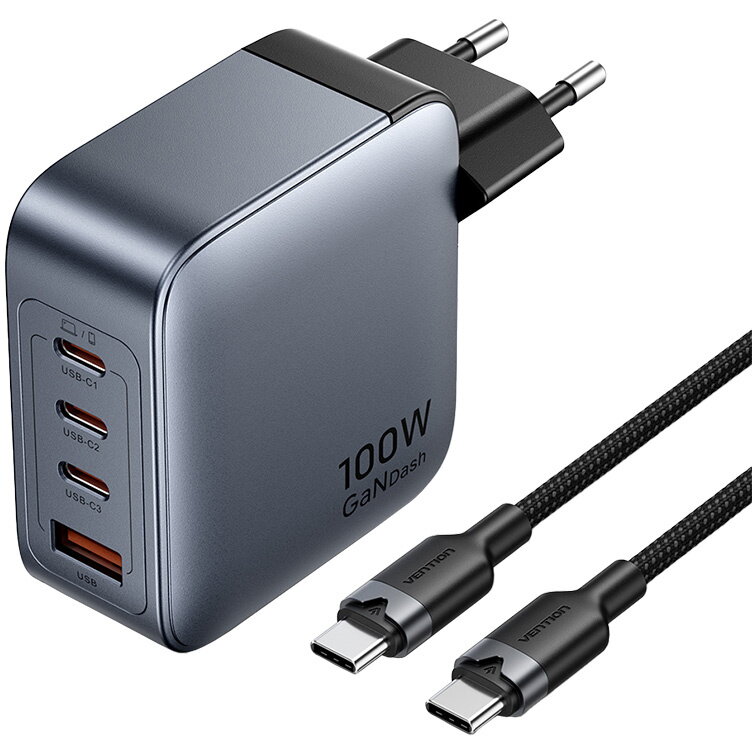  2x USB-C, 2x USB-A, (100W/100W/30W/30W) power charger (grey) with USB-C to USB-C cable (1m) (black)