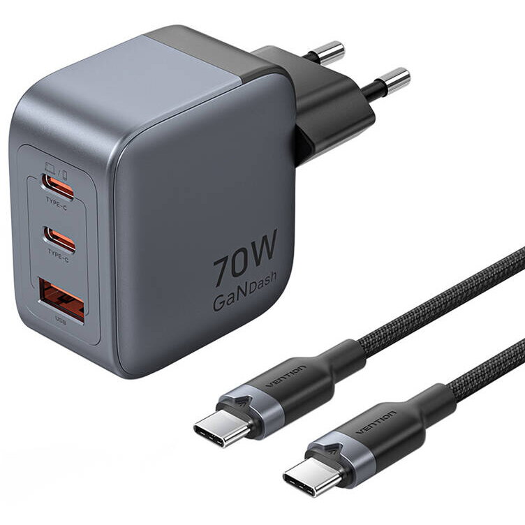  GaN Charger USB-C+C+A 70W +1m USB-C-C Cable (Gray)