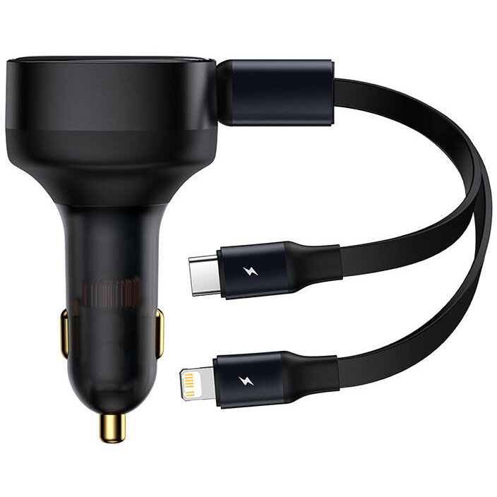 Încărcător auto Enjoyment cu cablu USB-C + Lightning 3A, 30W (negru)
