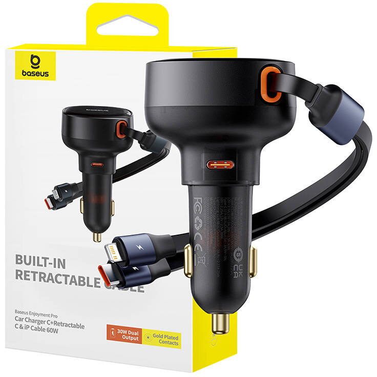 Încărcător auto Enjoyment USB-C cu cablu USB-C și Lightning 60W (negru)