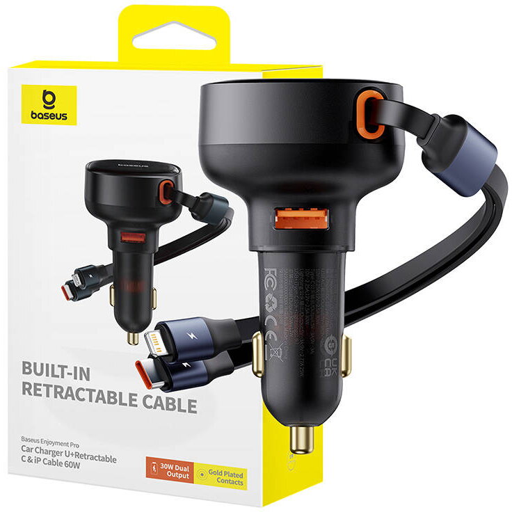 Încărcător auto Enjoyment USB cu cablu USB-C și Lightning 60W (negru)