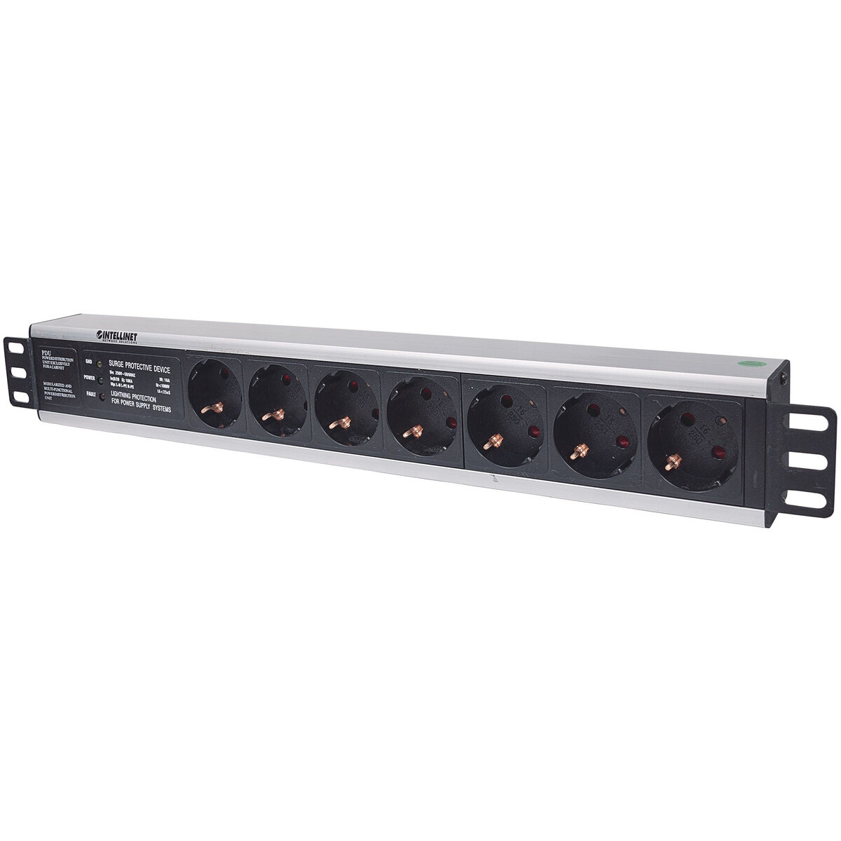 19 1.5U Rackmount 7-Way Power Strip - German Type, With Surge Protection, 3m Power Cord (Euro 2-pin plug)