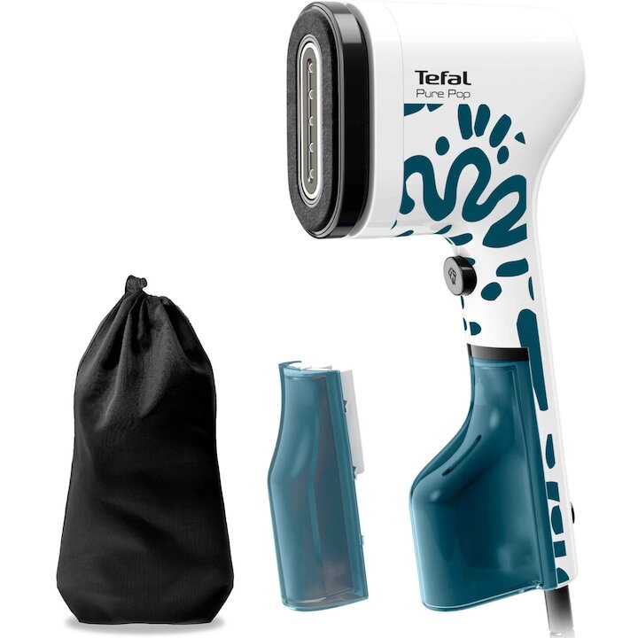 Aparat de calcat vertical cu abur Tefal Pure Pop, DT2040E1, 1300 W, abur variabil pana la 20 g/min, 2recipiente apa 70ml si 120ml, gata de utilizare in 15s, albastru/alb
