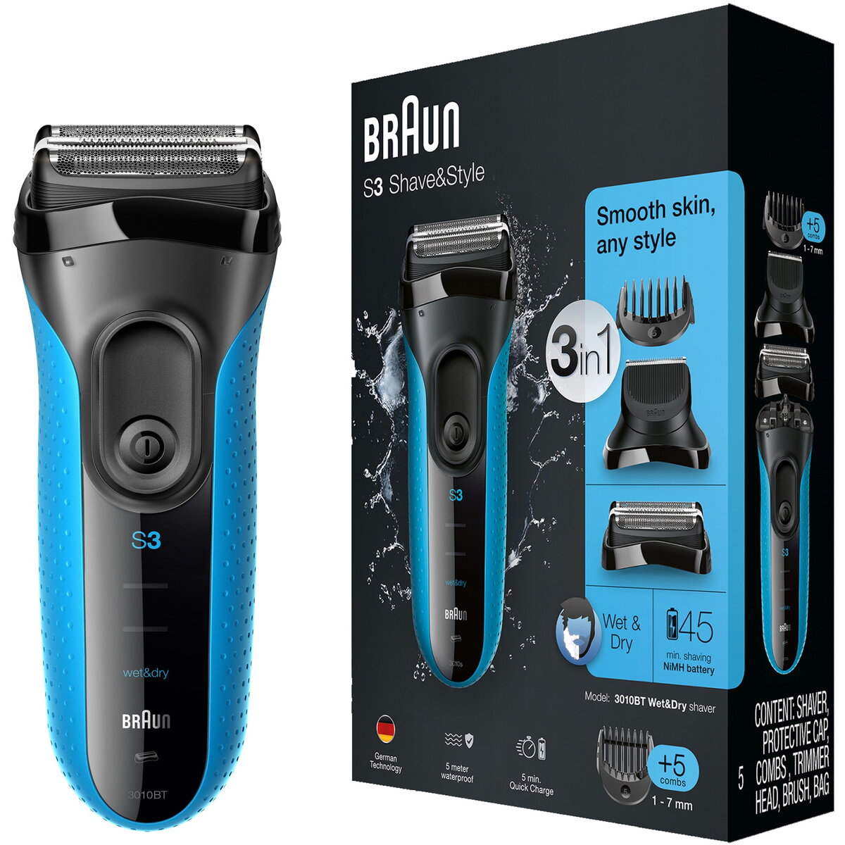 Aparat de ras Series 3 3010BT ProSkin Wet&Dry, MicroComb, cap de tuns, 5 piepteni, Saculet de calatorie,Negru/Albastru