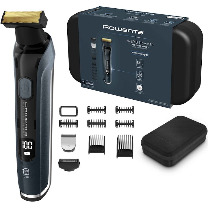 Aparat de tuns, conturat si ras Rowenta Forever Sharp Comfort TN6044E0, 5 piepteni detasabili, autonomie 120 min, incarcare rapida, wet & dry, husa inclusa, negru