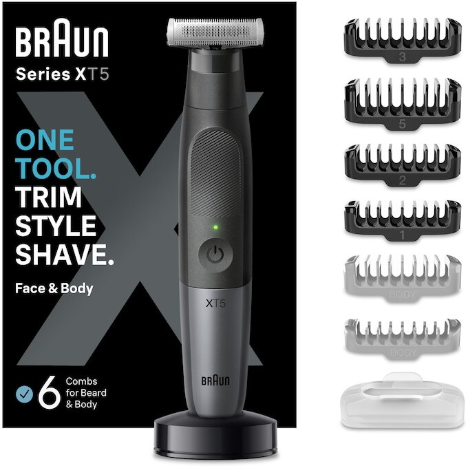 Aparat hibrid de barbierit si tuns barba Braun Series X XT5300 Wet&Dry, Lama 4D, 6 piepteni, 1 capac de protectie, autonomie 45 minute, Husa, Suport de incarcare, Negru