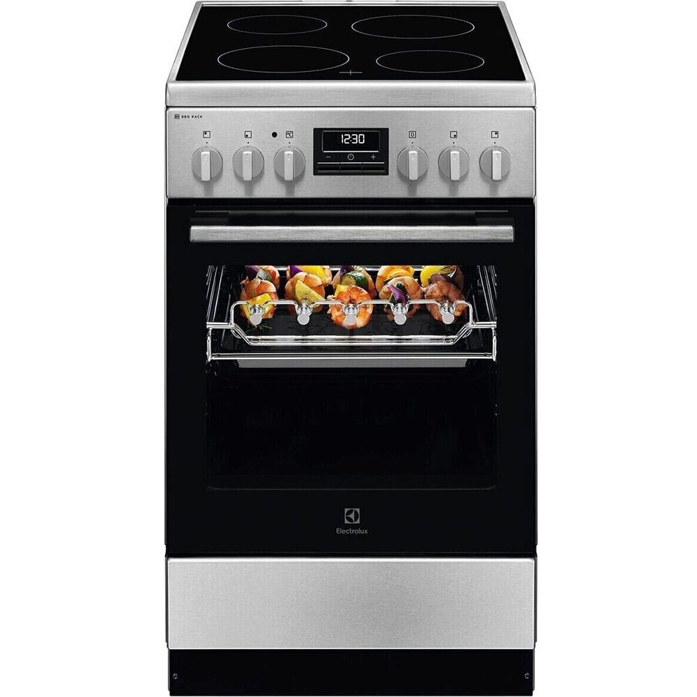 Aragaz Electrolux LKR540267X, Electric, Vitroceramica, 4 zone de gatit, Raft BBQ, Timer electronic, Grill, Iluminare cuptor, Clasa A, 50 cm, Inox