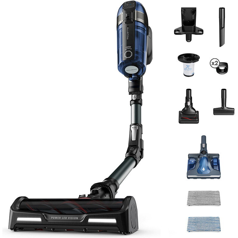 Aspirator vertical XForce Flex 12.60 cu mop Aqua RH98C8WO, 320W, 45 minute autonomie, baza de incarcare, 0.9L, control Display, functie Boost, Albastru/ negru