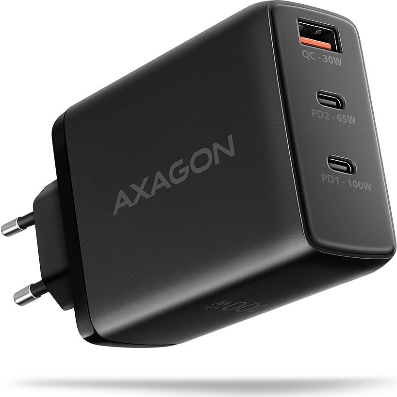 AXAGON ACU-DPQ100 GaN Wall charger 100W, 3x port (USB-A + dual USB-C), PD3.0/PPS/QC4+/Apple