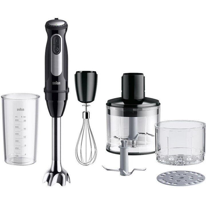 Blender vertical Braun MQ55254M, 1000 W, 25 trepte viteza, Functie Turbo, Tocator SizeControl 500 ml, Pahar gradat 600 ml, Tel, Negru/Inox