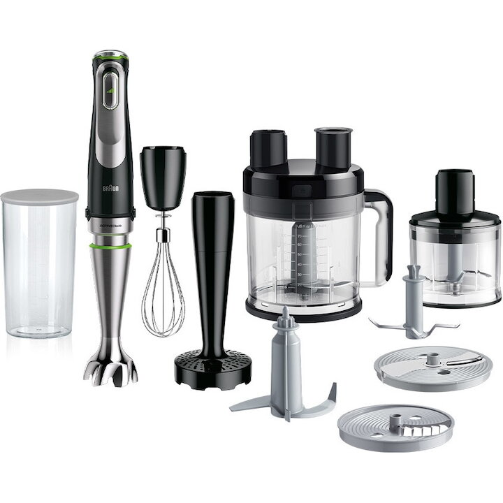 Blender vertical Braun MQ9187XLI, 1200 W, Pahar gradat 0.6 l, Tocator 0.5l, Procesor alimente 2l, Accesoriu piure, Tel, viteza variabila, Negru