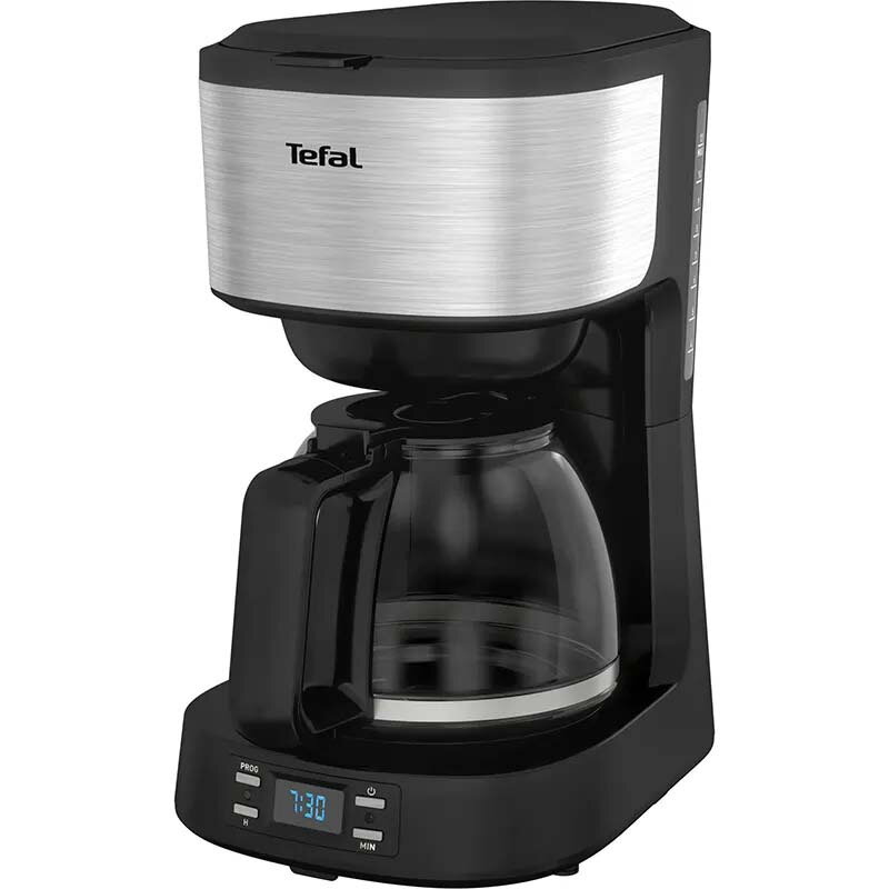 Cafetiera Equinox CM520D10, capacitate 1.2L, timer digital, functie pastrare la cald, comutator ON/OFF iluminat, sistem antipicurare, suport detasabil filtru, negru/inox