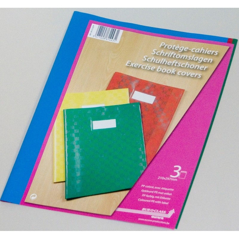 Coperta PP - 120 microni, cu eticheta, pentru caiet A4, 3 buc/set, Aurora - culori asortate